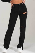 Black Casual Straight High Waist Straight Solid Color Jeans Ripped Denim Pants