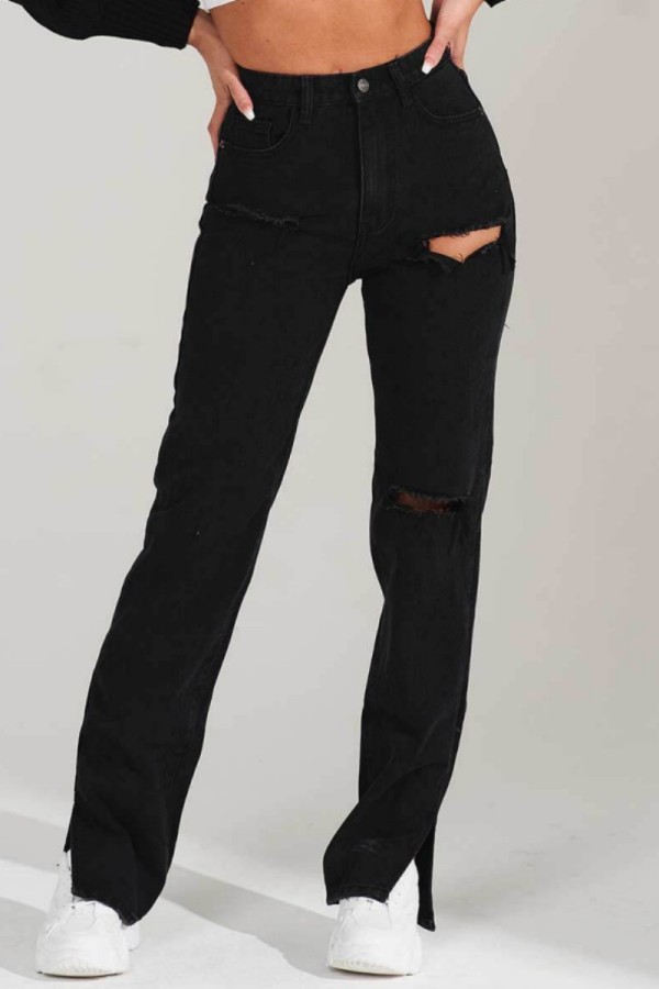 Schwarze, lässige, zerrissene, gerade, einfarbige Jeans mit hoher Taille