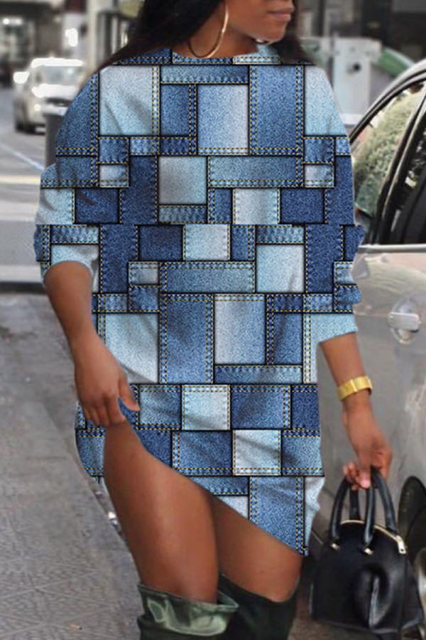 Vestidos de manga larga con cuello en O básicos con estampado casual azul