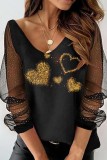 Black Casual Print Patchwork See-through V Neck Tops