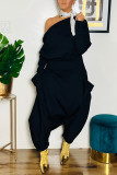 Zwarte Sexy Street Solid Pocket Asymmetrische Schuine Kraag Harlan Jumpsuits