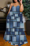 Diepblauwe casual straatprint patchwork sling-jurken met spaghettibandjes