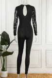 Black Sexy Patchwork Hollowed Out Sequins See-through V Neck Skinny Jumpsuits