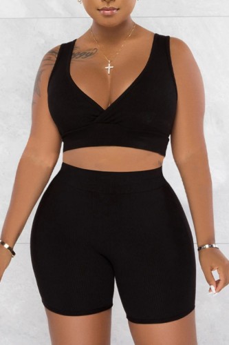 Black Casual Solid Basic V Neck Sleeveless Two Pieces