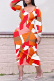 Tangerine Red Casual Print Patchwork O Neck Robes droites