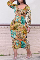 Leopardenmuster Casual Print Patchwork O-Ausschnitt gerade Kleider
