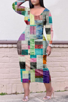 Vestidos rectos con cuello en O de patchwork con estampado informal multicolor