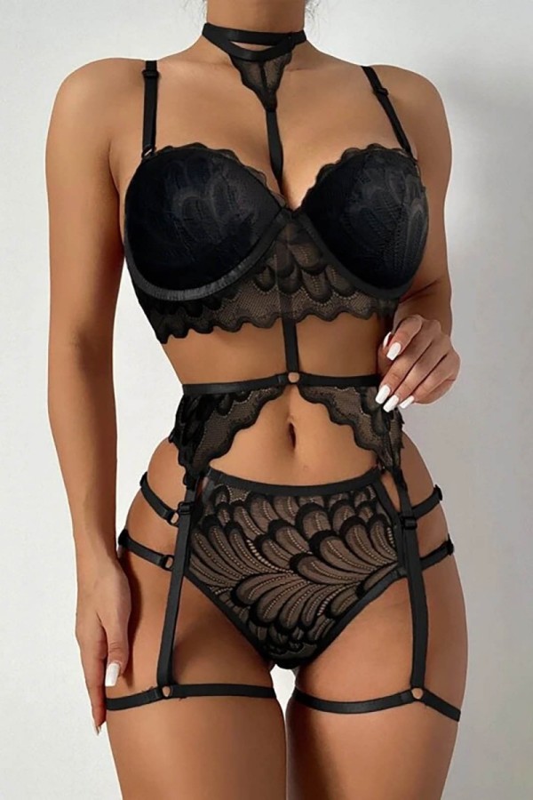 Zwarte sexy stevige uitgeholde patchwork backless lingerie