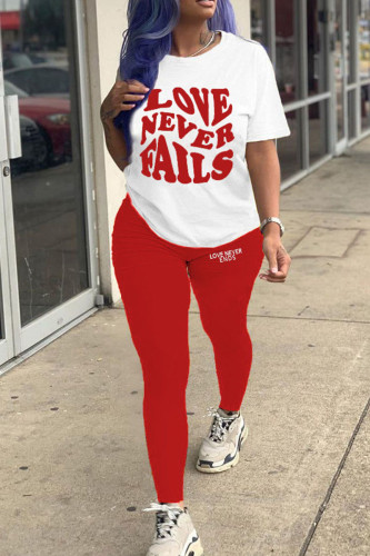 Red Casual Print Patchwork O Neck Short Sleeve Two Pieces