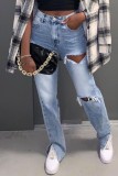 Calça jeans cinza casual cintura alta reta reta rasgada