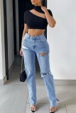 Grijze casual gescheurde rechte hoge taille rechte effen kleur jeans