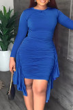 スカイ ブルー エレガントなソリッド パッチワーク フラウンス フォールド非対称 O ネック ペンシル スカート プラス サイズのドレス