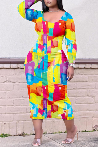 Yellow Casual Print Patchwork O Neck Straight Dresses
