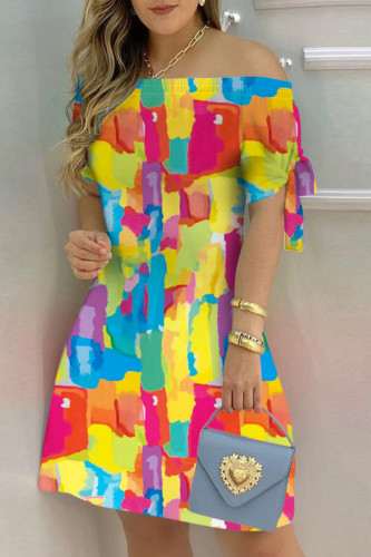 Colour Casual Print Frenulum Off the Shoulder Short Sleeve Dress