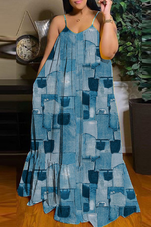 De cowboyblauwe casual streetprint patchwork sling-jurk met spaghettibandjes