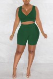 Dark Green Casual Solid Basic V Neck Sleeveless Two Pieces