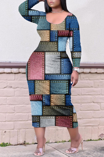Powder Blue Casual Print Patchwork O Neck Straight Dresses