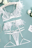 Blanco Sexy Sólido Patchwork Plumas transparentes Cadenas Día de San Valentín Lencería