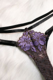 Black Purple Sexy Embroidered Bandage Hollowed Out Patchwork Valentines Day Lingerie