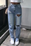 Lichtblauwe casual gescheurde rechte hoge taille rechte effen kleur jeans