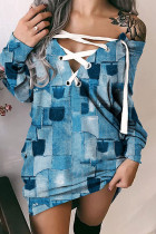 カウボーイ ブルー カジュアル ストリート プリント バンデージ パッチワーク V ネック ドレス