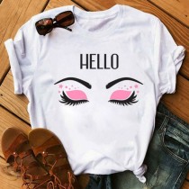 Wit roze casual print basic T-shirts met ronde hals