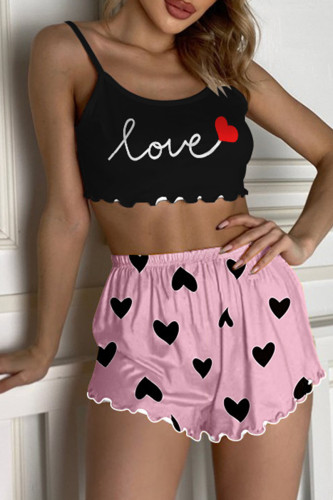 Black Pink Casual Living Print Basic Camisole Top Shorts Sleepwear