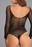 Black Sexy Solid Rhinestone Hollowed Out Patchwork See-through Valentines Day Lingerie