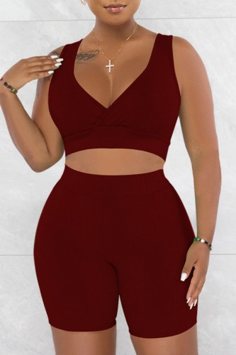 Burgundy Casual Solid Basic V Neck Sleeveless Two Pieces