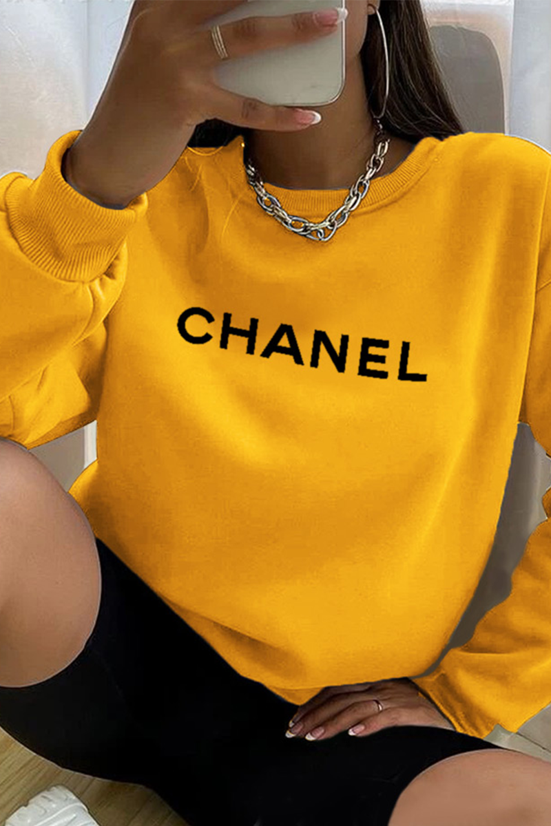 

Yellow Casual Street Print Patchwork Letter O Neck Tops