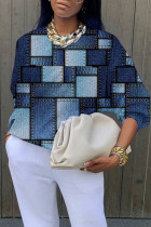 Donkerblauwe casual streetprint patchwork tops met ronde hals