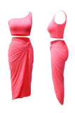 Fluorescent Pink Sexy Solid Patchwork One Shoulder Sleeveless Two Pieces
