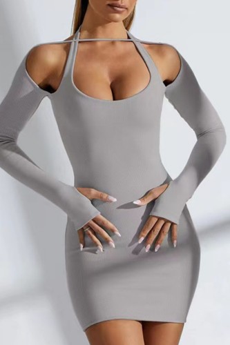 Grey Sexy Casual Solid Hollowed Out Halter Long Sleeve Dresses