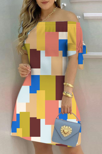Yellow Casual Print Frenulum Off the Shoulder Short Sleeve Dress