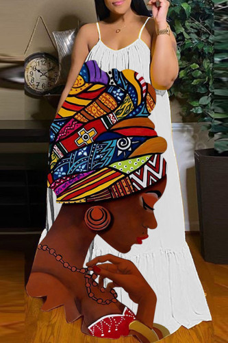 White Casual Street Print Patchwork Spaghetti Strap Sling Dress Dresses