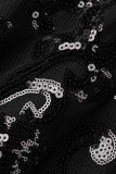 Macacão skinny preto sexy patchwork vazado de lantejoulas transparentes com decote em V