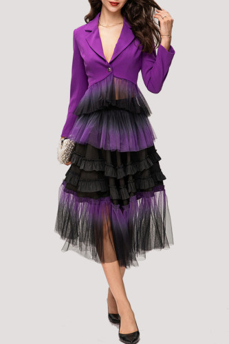 Purple Casual Gradual Change Patchwork Turn-back Collar Long Sleeve Two Pieces