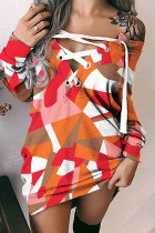 Pink Orange Casual Street Print Bandage Patchwork Kleider mit V-Ausschnitt