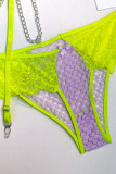Fluorescerande Grön Sexig Solid Patchwork Genomskinlig Alla hjärtans dag Underkläder