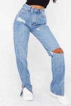 Jeans liso casual azul claro cintura alta reta rasgada cor sólida