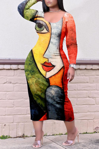 Green Orange Casual Print Patchwork O Neck Straight Dresses