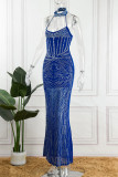 Blaues reizvolles Patchwork-heißes Bohren ausgehöhlte rückenfreie Halter-lange Kleid-Kleider