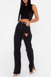 Zwarte casual gescheurde rechte hoge taille rechte effen kleur jeans