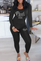 Black Casual Letter Hot Drilling Basic O Neck Long Sleeve Two Pieces