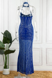 Blaues reizvolles Patchwork-heißes Bohren ausgehöhlte rückenfreie Halter-lange Kleid-Kleider