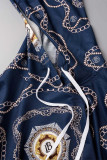 Azul tibetano Casual Estampado diario Estampado básico Cuello con capucha Manga larga Dos piezas