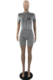 Grey Sexy Print Letter Zipper Collar Rompers