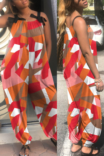 Pink Orange Casual Print Patchwork Spaghetti Strap Loose Jumpsuits