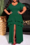 Зеленое повседневное сплошное платье с круглым вырезом и коротким рукавом с разрезом Платья больших размеров