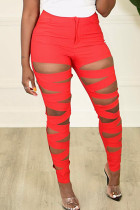 Red Casual Solid Hollowed Out Patchwork Skinny High Waist Pencil Solid Color Trousers